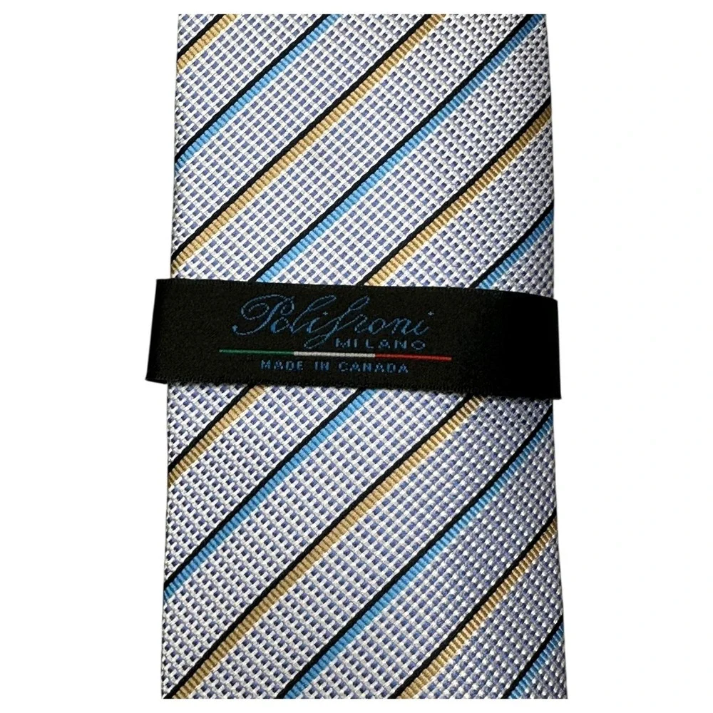 NWT Polifroni Milano Tie Mens Blue Gold Striped Italian Silk Handmade Necktie‎